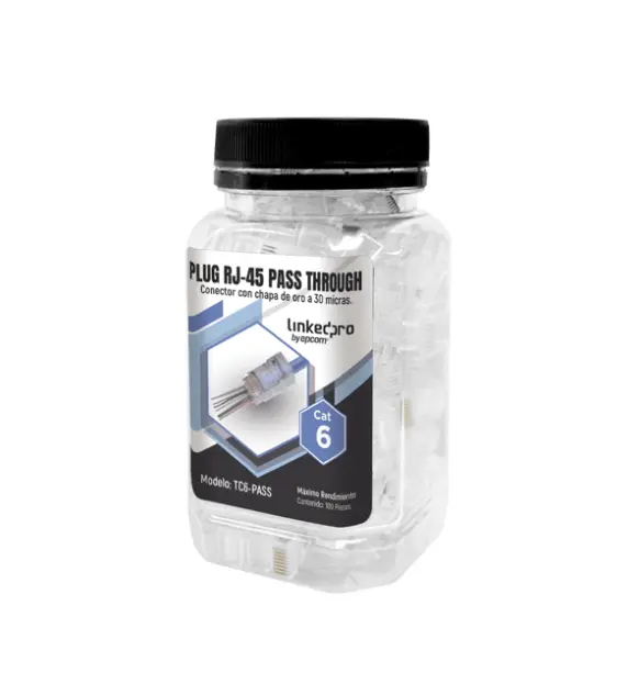 [TC6-PASS] Bote con 100 Plugs Pass through RJ45 Cat6 sin blindaje, chapado de oro a 30 micras para durabilidad extrema